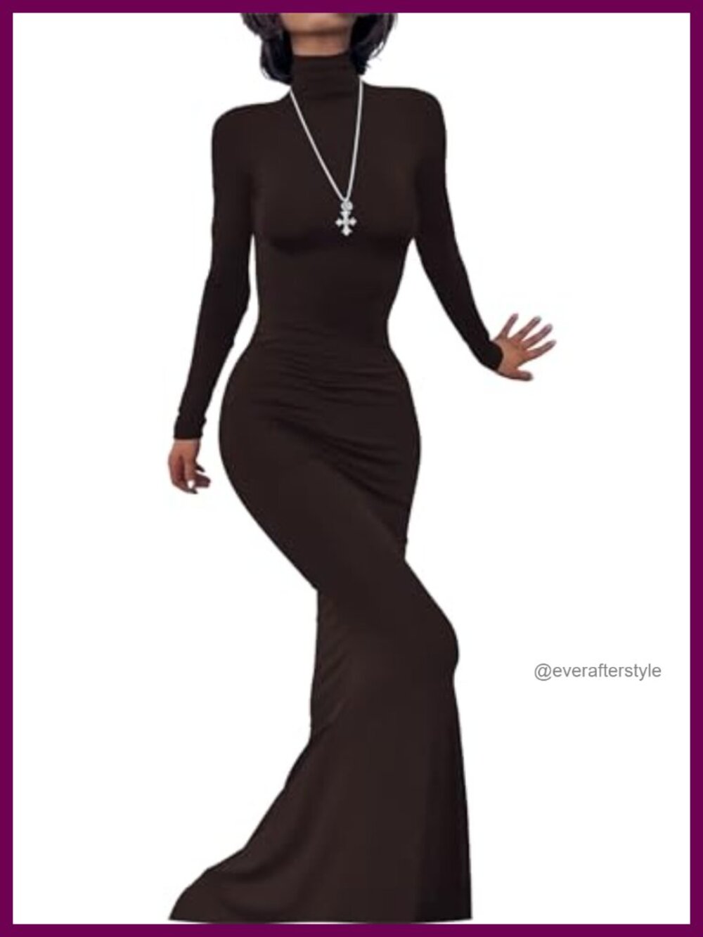 Turtleneck Bodycon Maxi Dress Long Sleeve Mermaid Hem Pull On